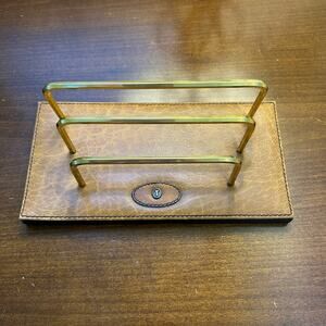VTG Gold Pfeil Goldpfeil Table Top Desk Mail Letter Rack Organizer Brown Leather